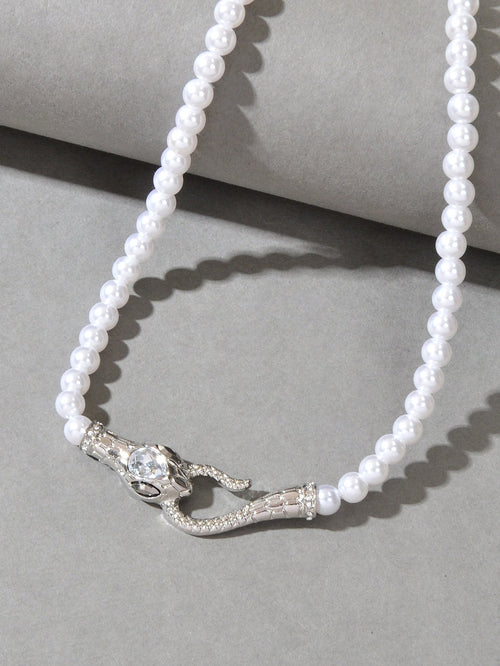 Punk Retro Pearl Beads Chain Gold Silver Snake Short Clavicle Statement Necklace