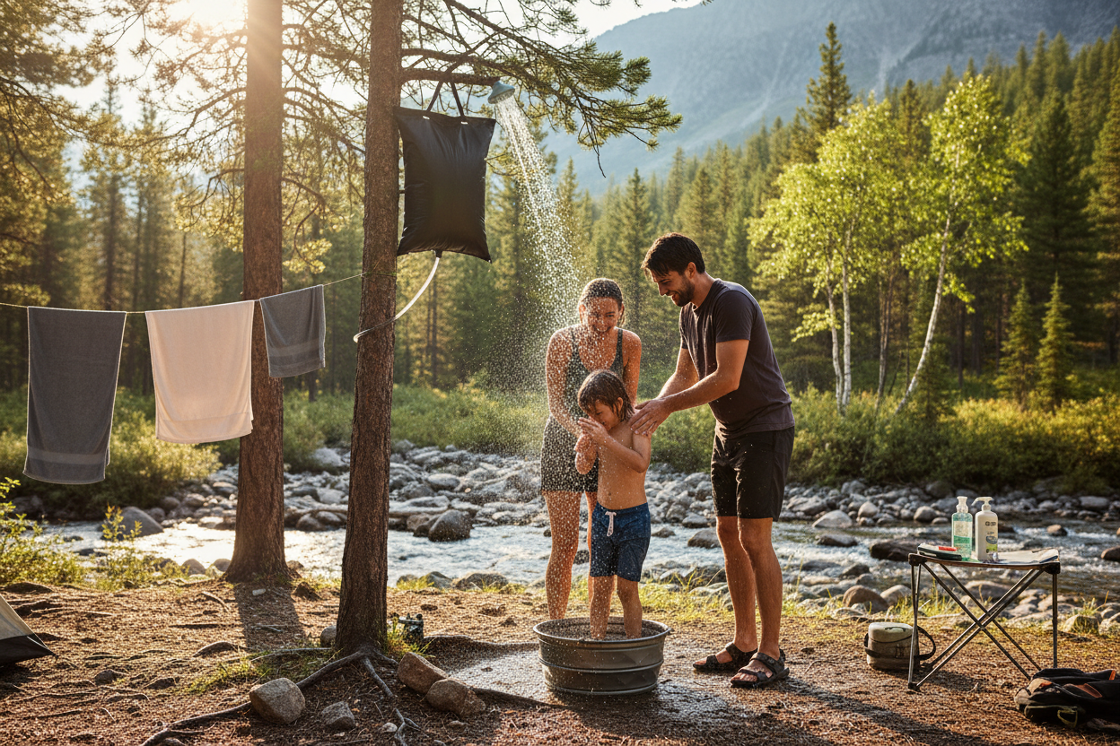 people using a camping shower 