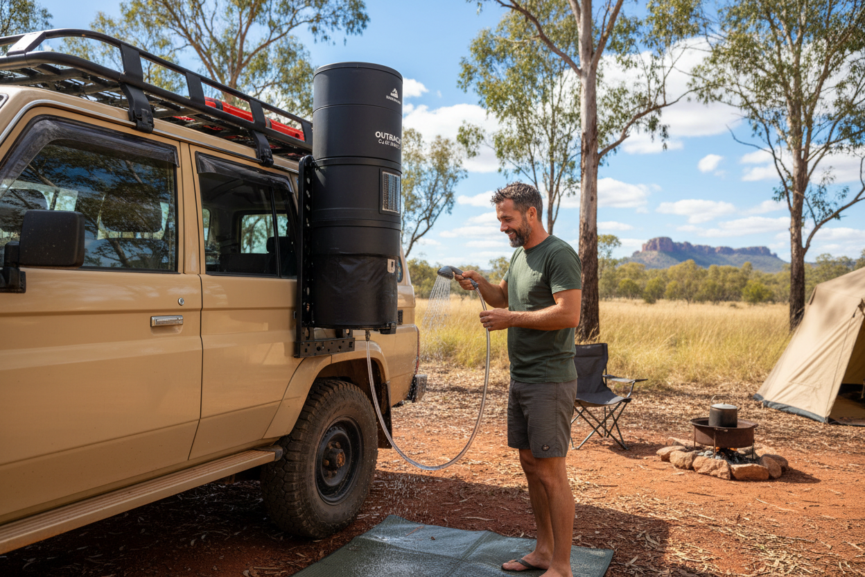 Portable shower that is used off the car whilst camping highlighting the shower