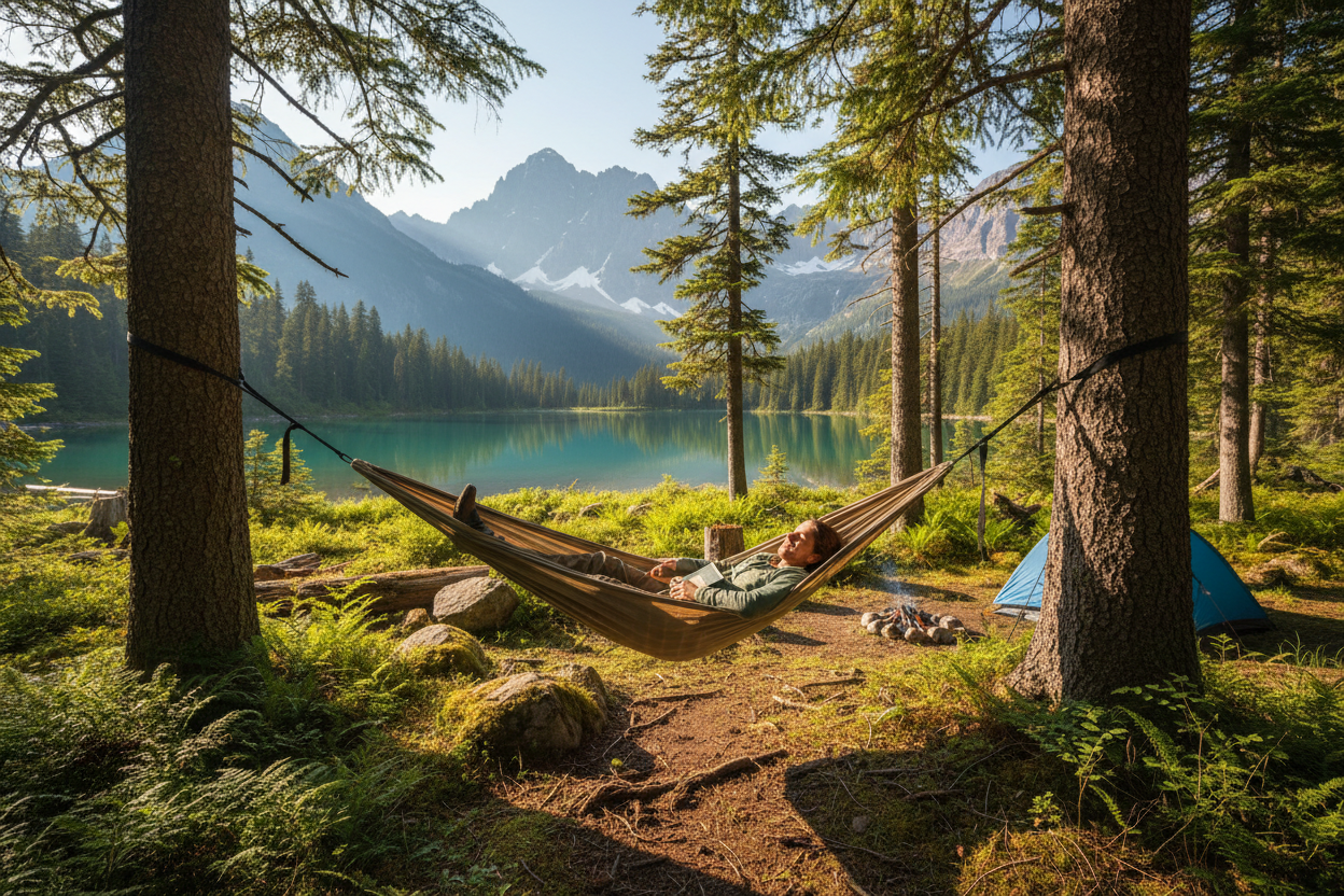 somone camping in a beautiful environemmnt using a hammock between two trees